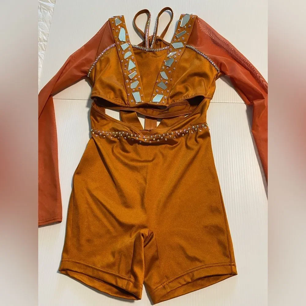 Weissman solo custom rhinestone dance costume orange Baba O'Riley 15845 MC child - Picture 4 of 15